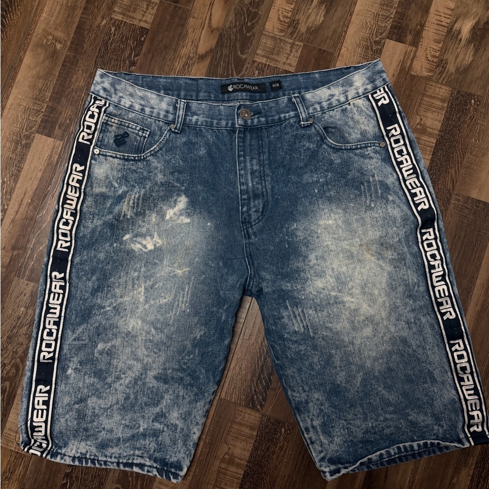 Rocawear Distressed Blue Jean Shorts with Logo Trim